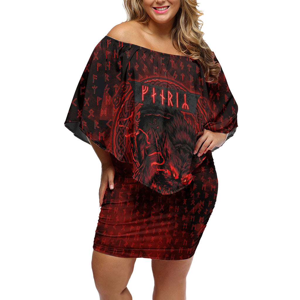 Fenrir Norse Wolf Off Shoulder Short Dress Viking Runic Celtic Knot Dark Art