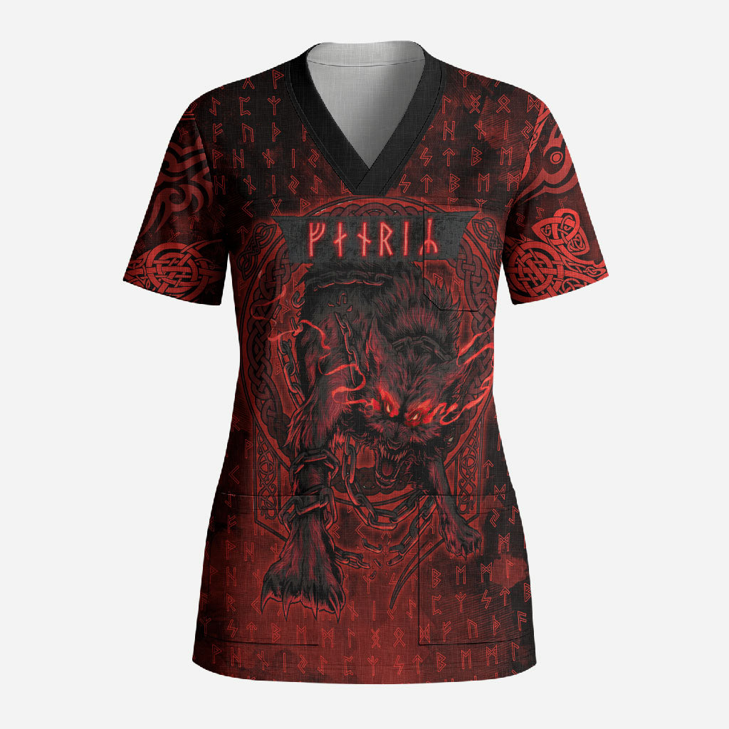 Fenrir Norse Wolf Scrub Top Viking Runic Celtic Knot Dark Art