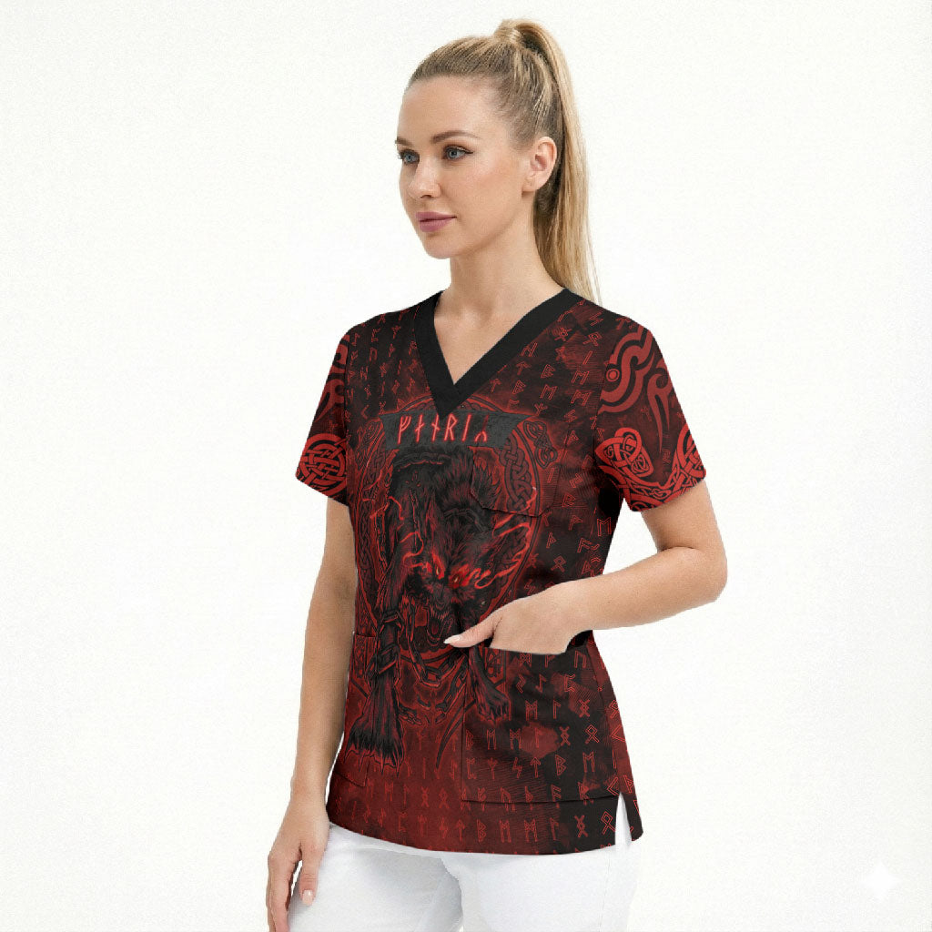 Fenrir Norse Wolf Scrub Top Viking Runic Celtic Knot Dark Art