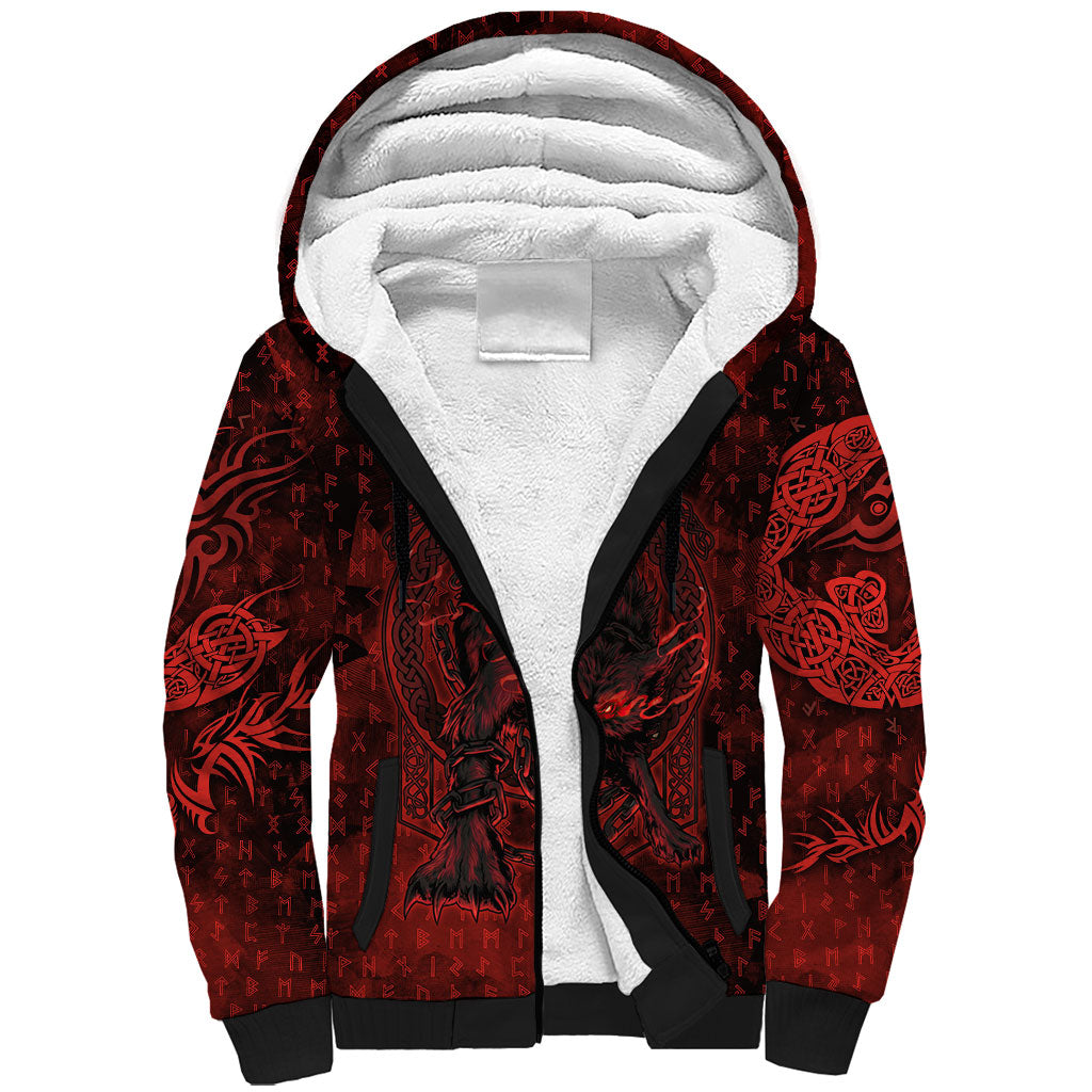 Fenrir Norse Wolf Sherpa Hoodie Viking Runic Celtic Knot Dark Art