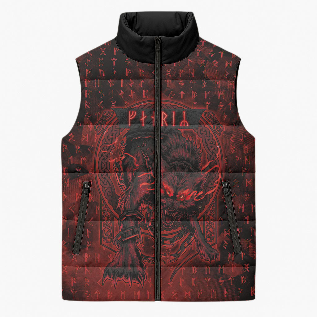 Fenrir Norse Wolf Sleeveless Puffer Jacket Viking Runic Celtic Knot Dark Art