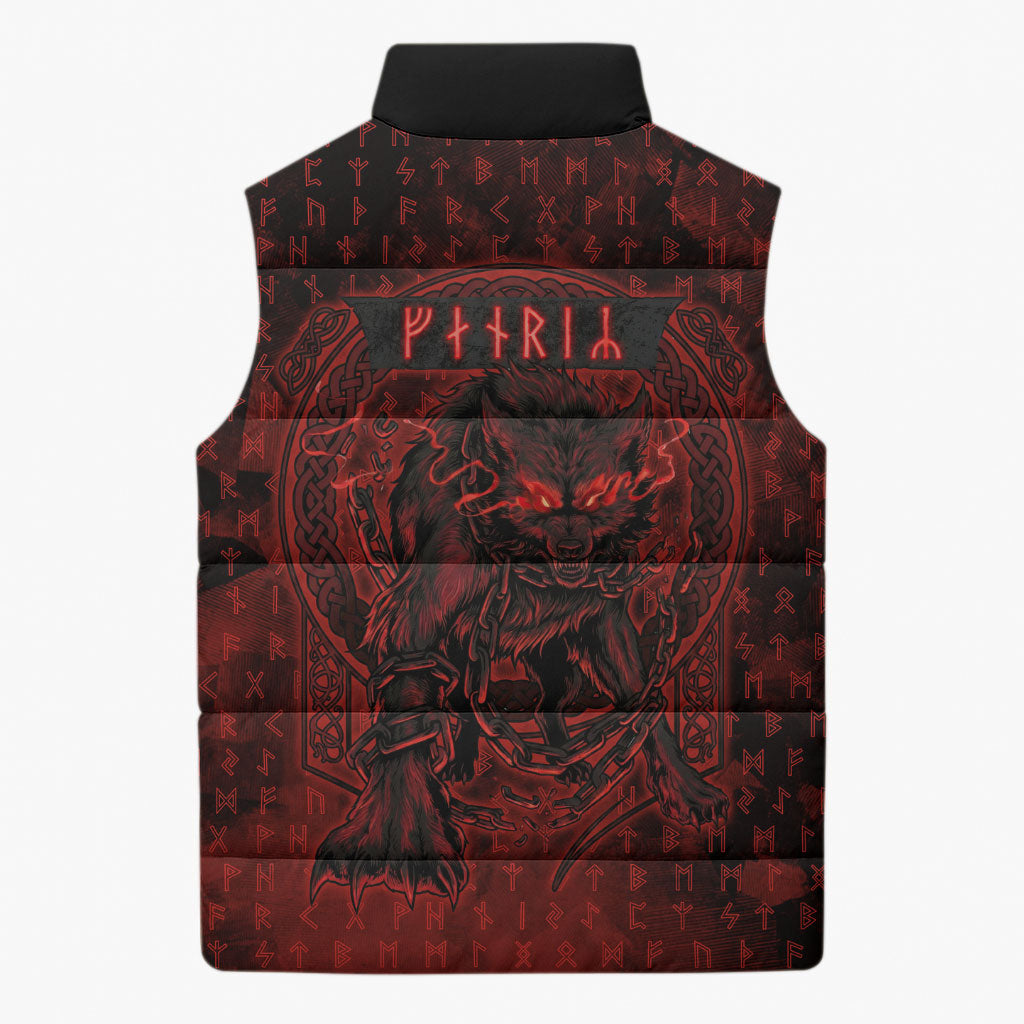 Fenrir Norse Wolf Sleeveless Puffer Jacket Viking Runic Celtic Knot Dark Art