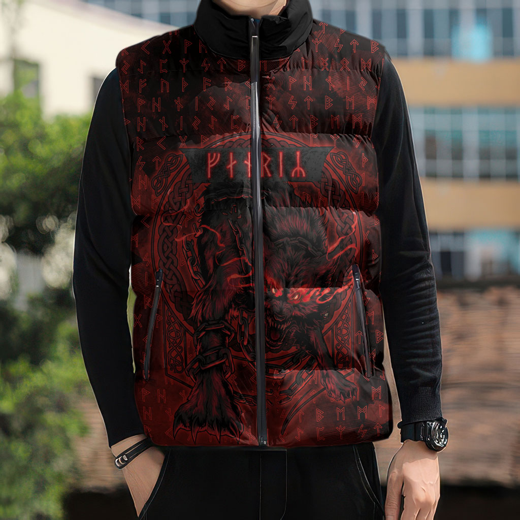 Fenrir Norse Wolf Sleeveless Puffer Jacket Viking Runic Celtic Knot Dark Art