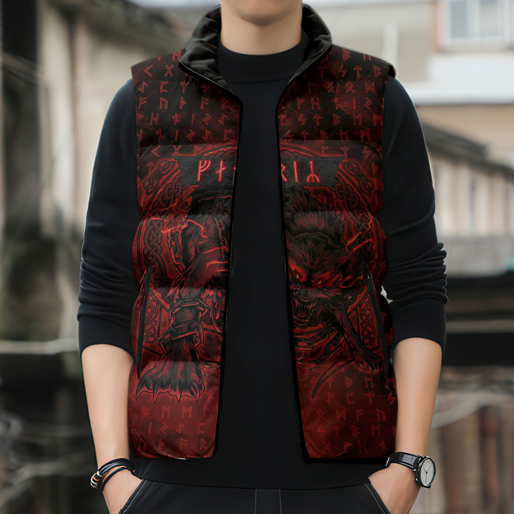 Fenrir Norse Wolf Sleeveless Puffer Jacket Viking Runic Celtic Knot Dark Art