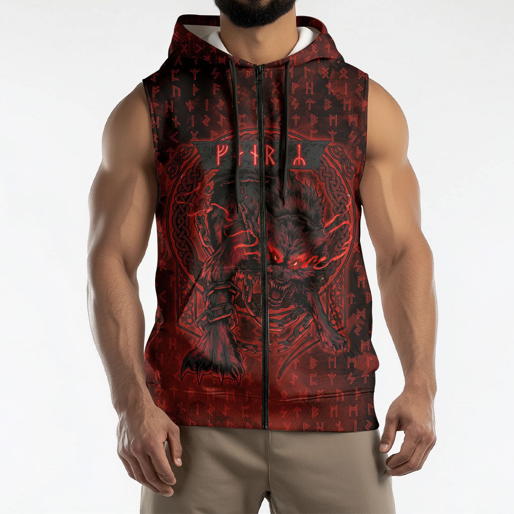 Fenrir Norse Wolf Sleeveless Zip Hoodie Viking Runic Celtic Knot Dark Art