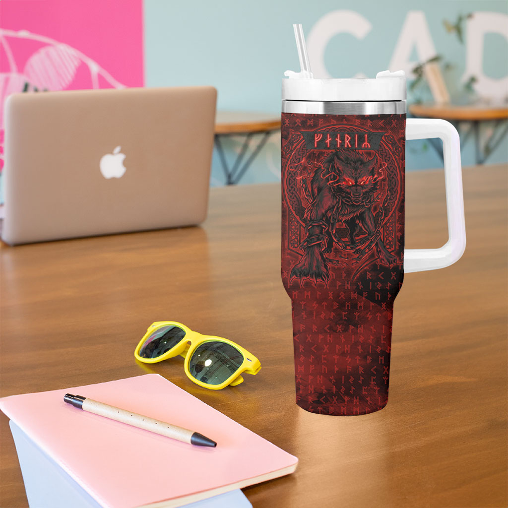 Fenrir Norse Wolf Tumbler With Handle Viking Runic Celtic Knot Dark Art