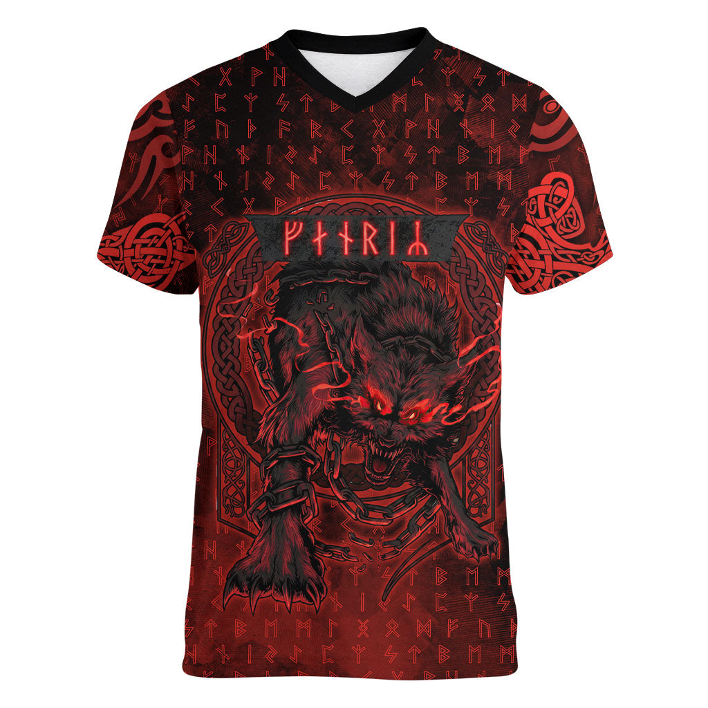 Fenrir Norse Wolf Women V-Neck T-Shirt Viking Runic Celtic Knot Dark Art