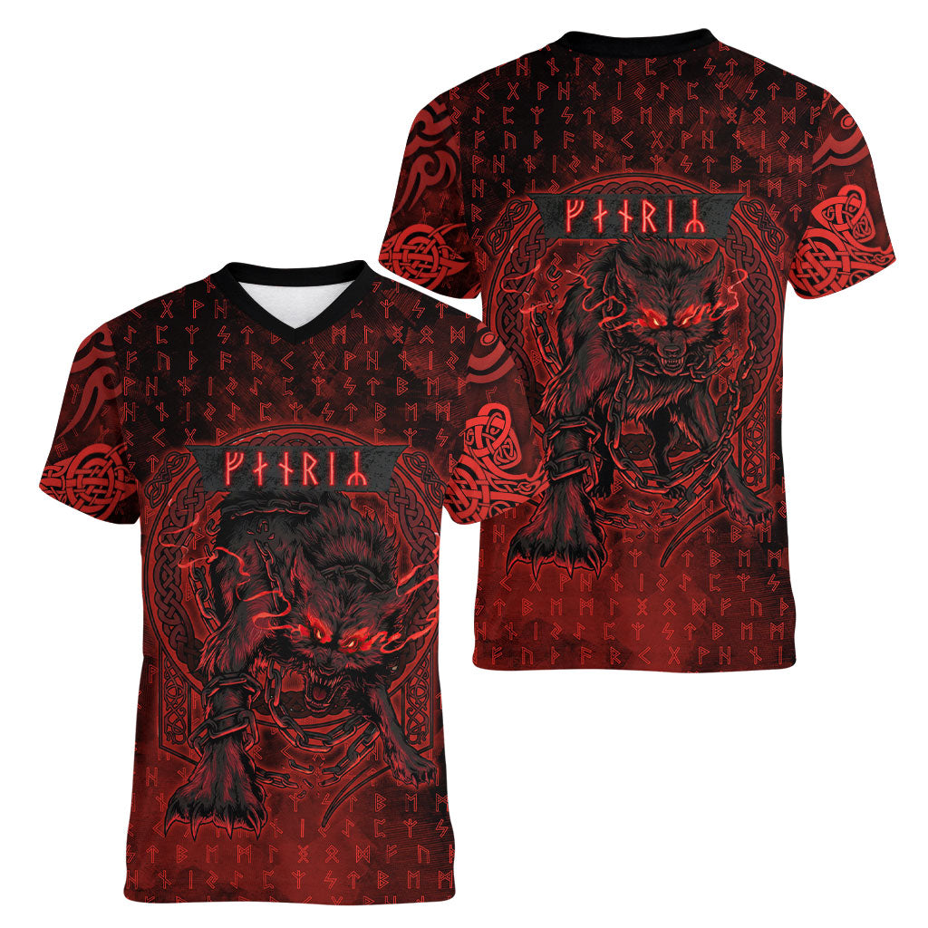 Fenrir Norse Wolf Women V-Neck T-Shirt Viking Runic Celtic Knot Dark Art