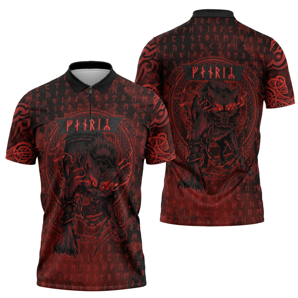 Fenrir Norse Wolf Zipper Polo Shirt Viking Runic Celtic Knot Dark Art