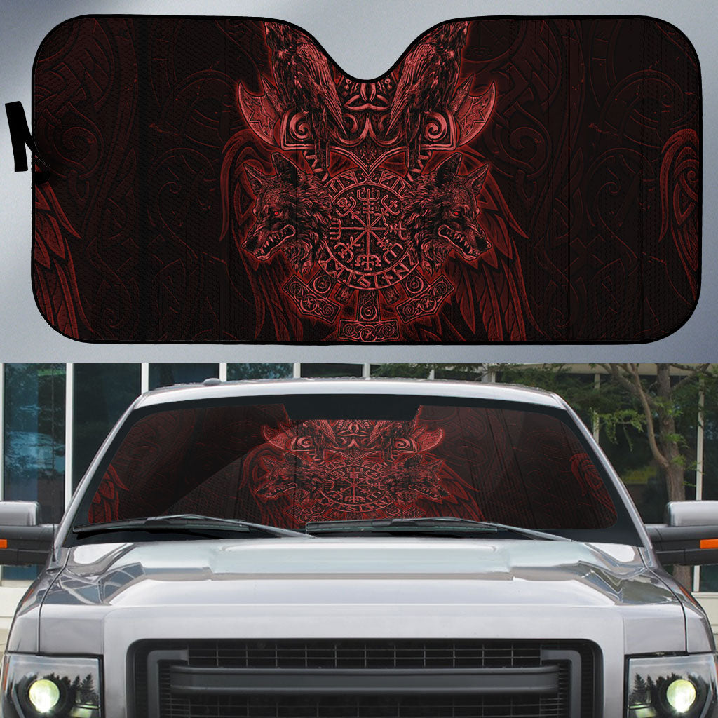 Huginn and Muninn with Fenrir and Vegvisir Auto Sun Shade Viking Runic Celtic Knot Dark Gothic Art