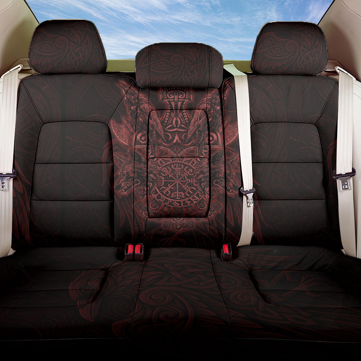 Huginn and Muninn with Fenrir and Vegvisir Back Car Seat Cover Viking Runic Celtic Knot Dark Gothic Art
