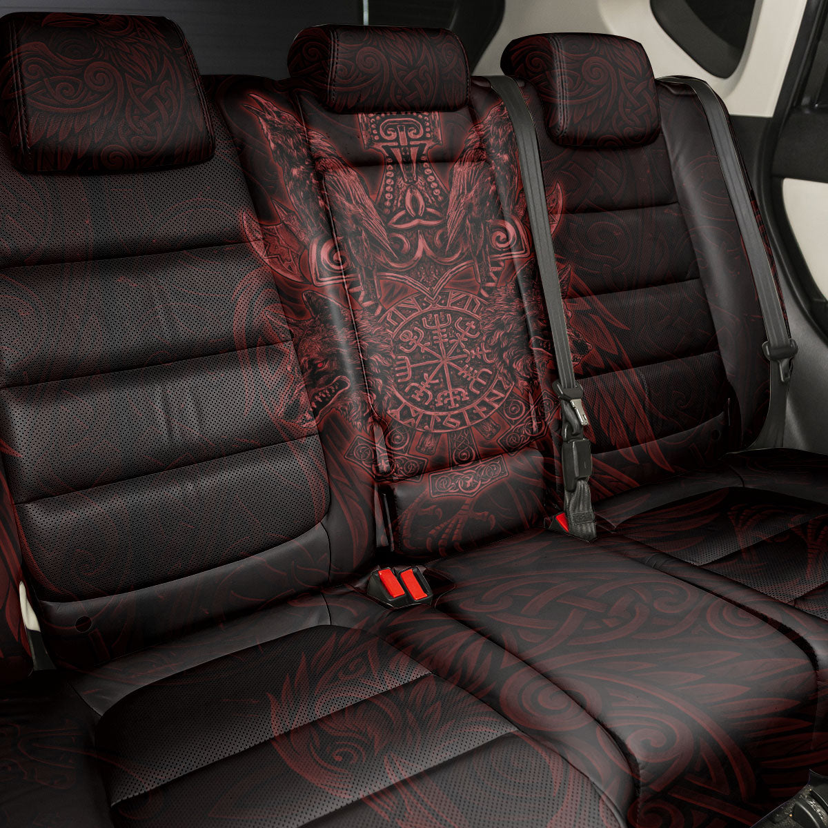Huginn and Muninn with Fenrir and Vegvisir Back Car Seat Cover Viking Runic Celtic Knot Dark Gothic Art