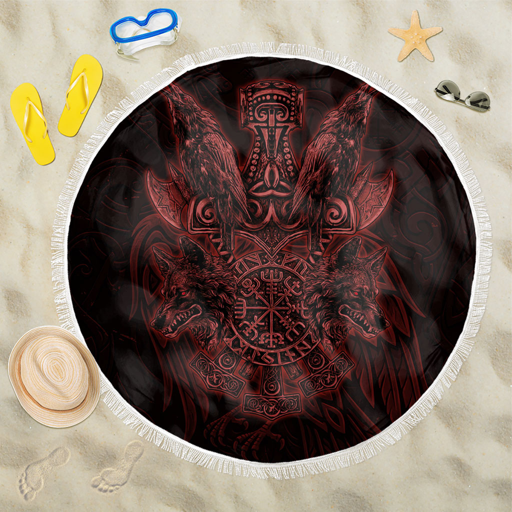 Huginn and Muninn with Fenrir and Vegvisir Beach Blanket Viking Runic Celtic Knot Dark Gothic Art
