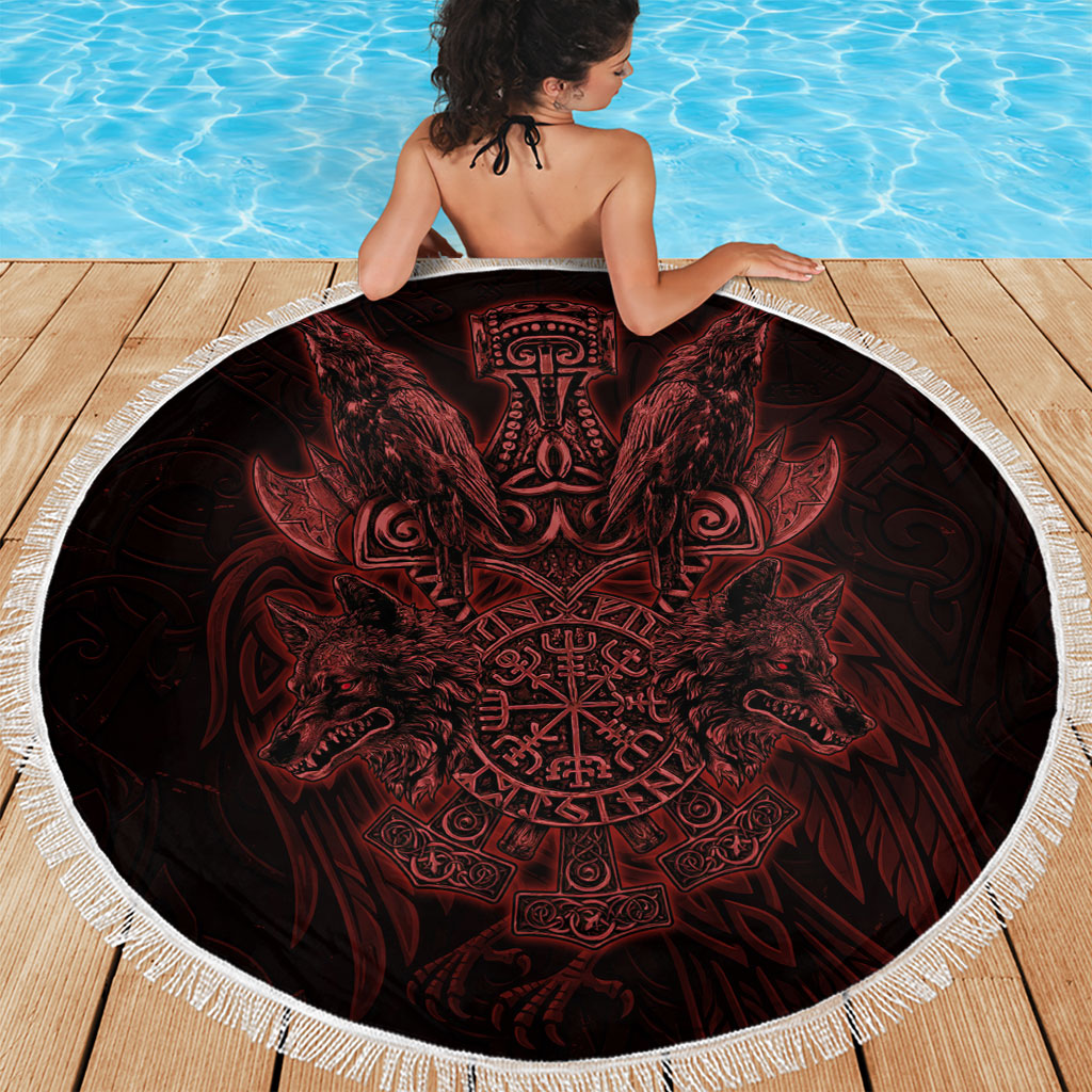 Huginn and Muninn with Fenrir and Vegvisir Beach Blanket Viking Runic Celtic Knot Dark Gothic Art