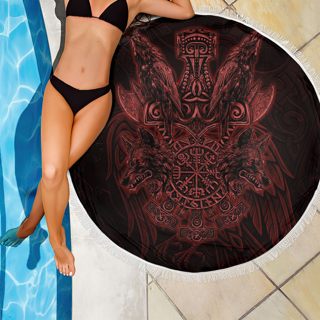 Huginn and Muninn with Fenrir and Vegvisir Beach Blanket Viking Runic Celtic Knot Dark Gothic Art
