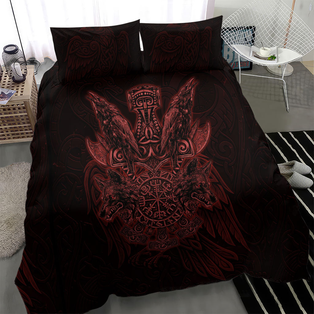Huginn and Muninn with Fenrir and Vegvisir Bedding Set Viking Runic Celtic Knot Dark Gothic Art