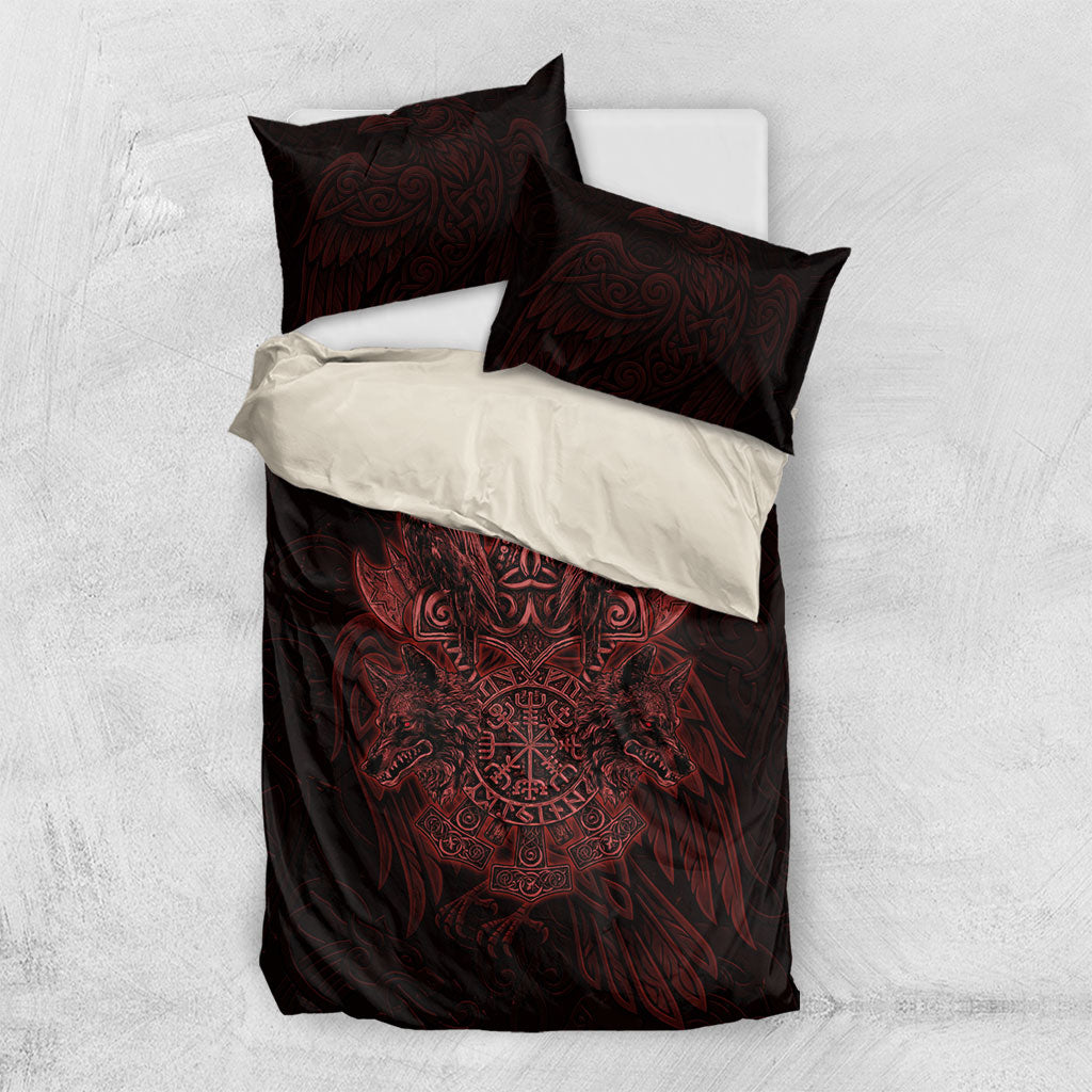 Huginn and Muninn with Fenrir and Vegvisir Bedding Set Viking Runic Celtic Knot Dark Gothic Art