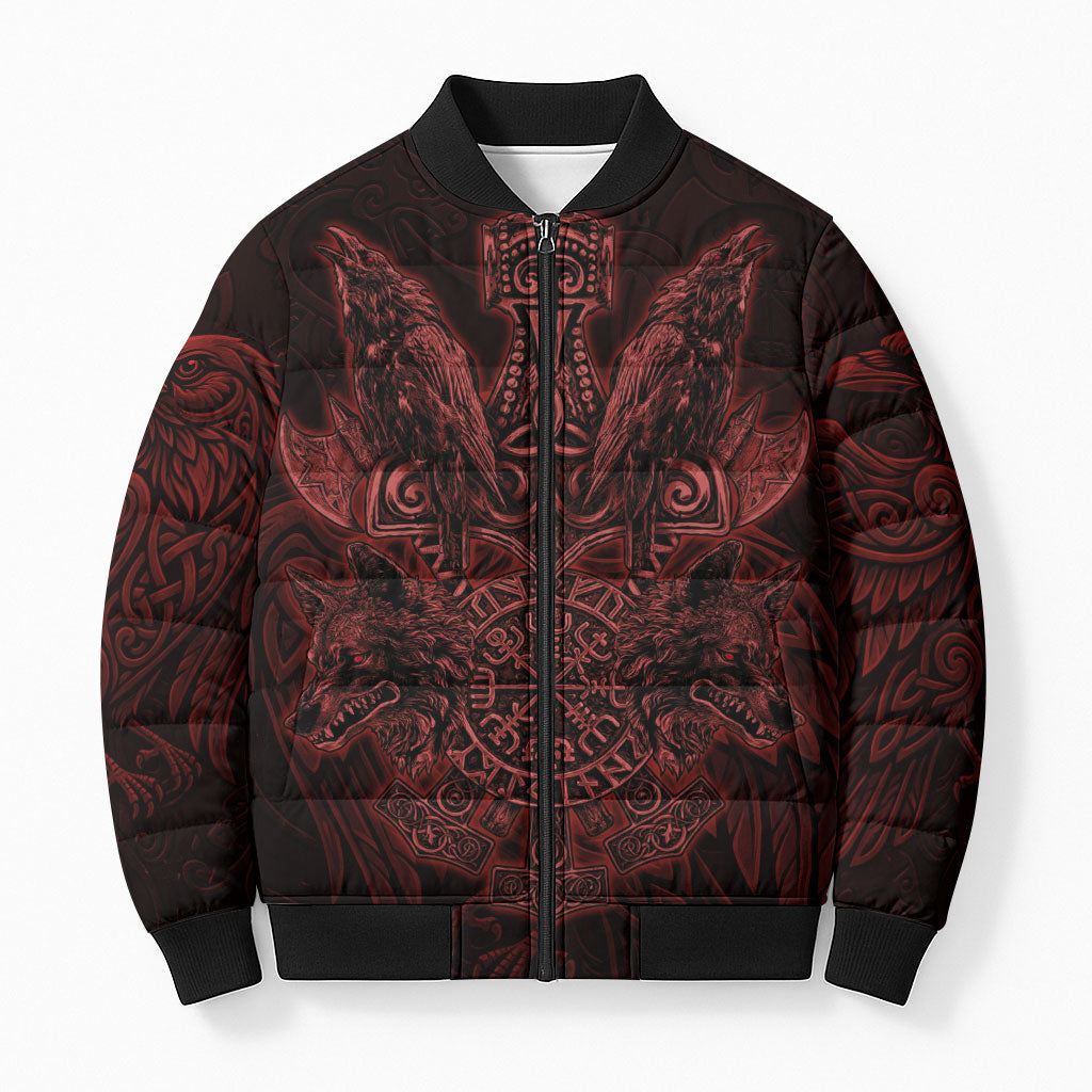 Huginn and Muninn with Fenrir and Vegvisir Bomber Puffer Jacket Viking Runic Celtic Knot Dark Gothic Art