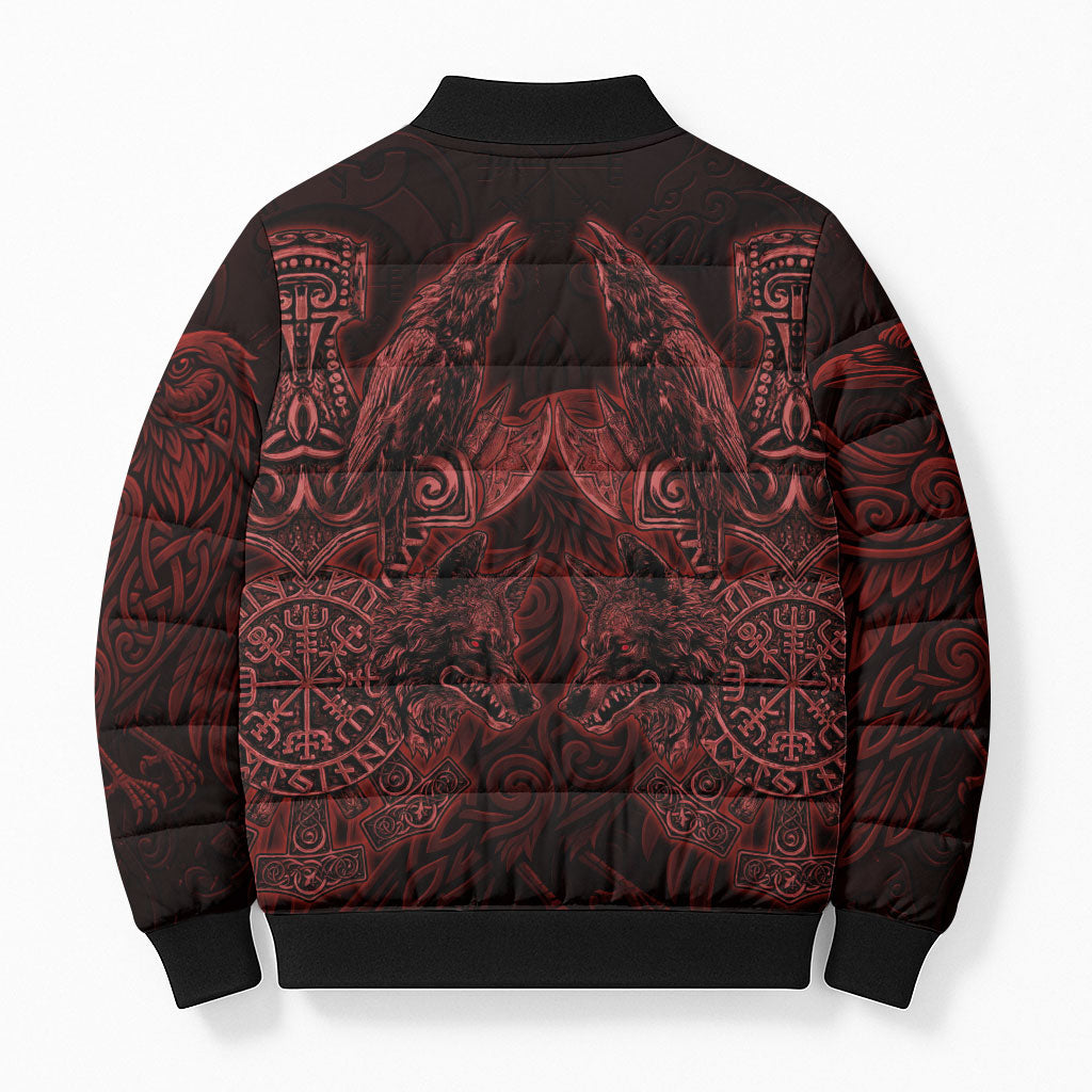 Huginn and Muninn with Fenrir and Vegvisir Bomber Puffer Jacket Viking Runic Celtic Knot Dark Gothic Art