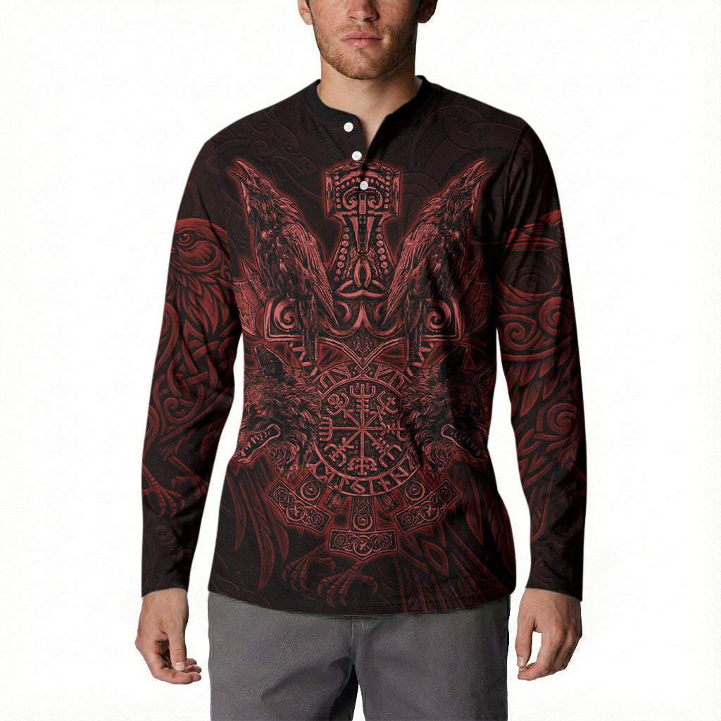 Huginn and Muninn with Fenrir and Vegvisir Button Sweatshirt Viking Runic Celtic Knot Dark Gothic Art