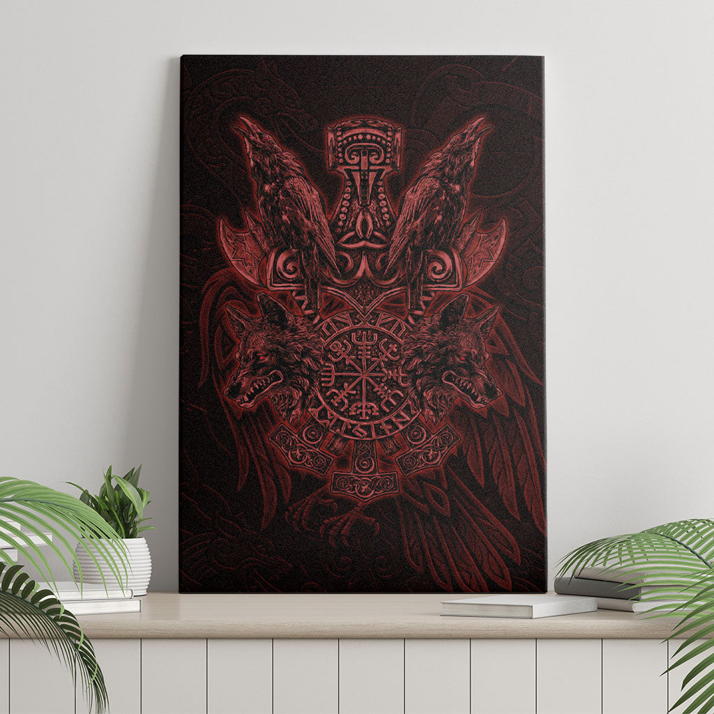 Huginn and Muninn with Fenrir and Vegvisir Canvas Wall Art Viking Runic Celtic Knot Dark Gothic Art