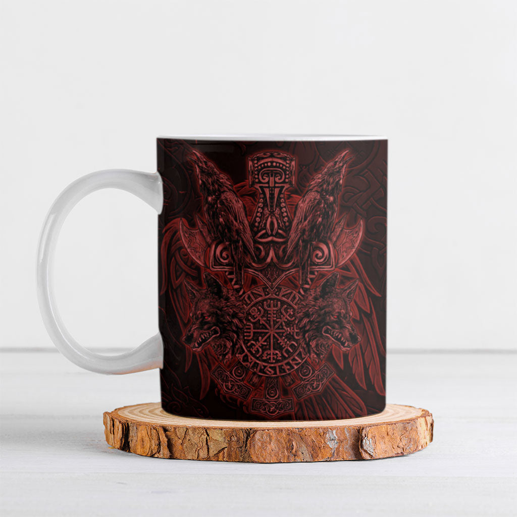 Huginn and Muninn with Fenrir and Vegvisir Ceramic Mug Viking Runic Celtic Knot Dark Gothic Art