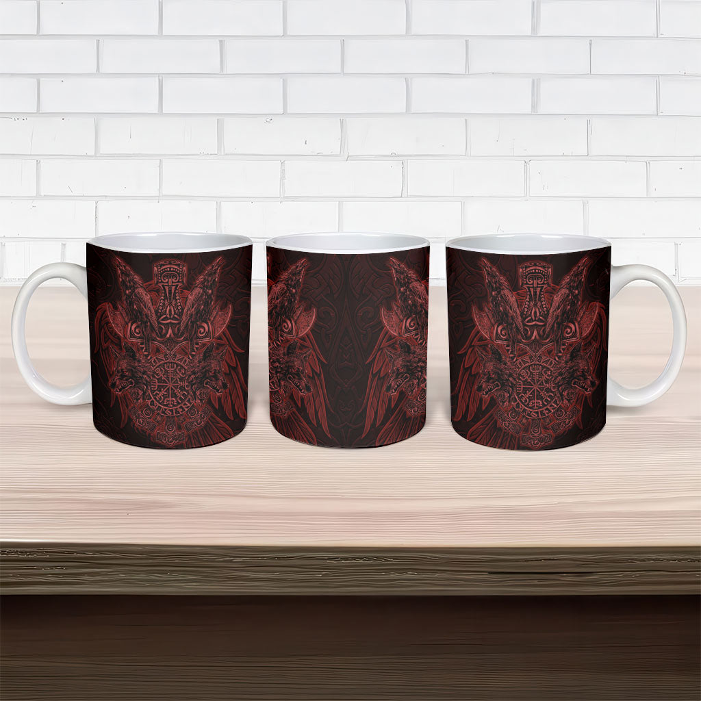 Huginn and Muninn with Fenrir and Vegvisir Ceramic Mug Viking Runic Celtic Knot Dark Gothic Art