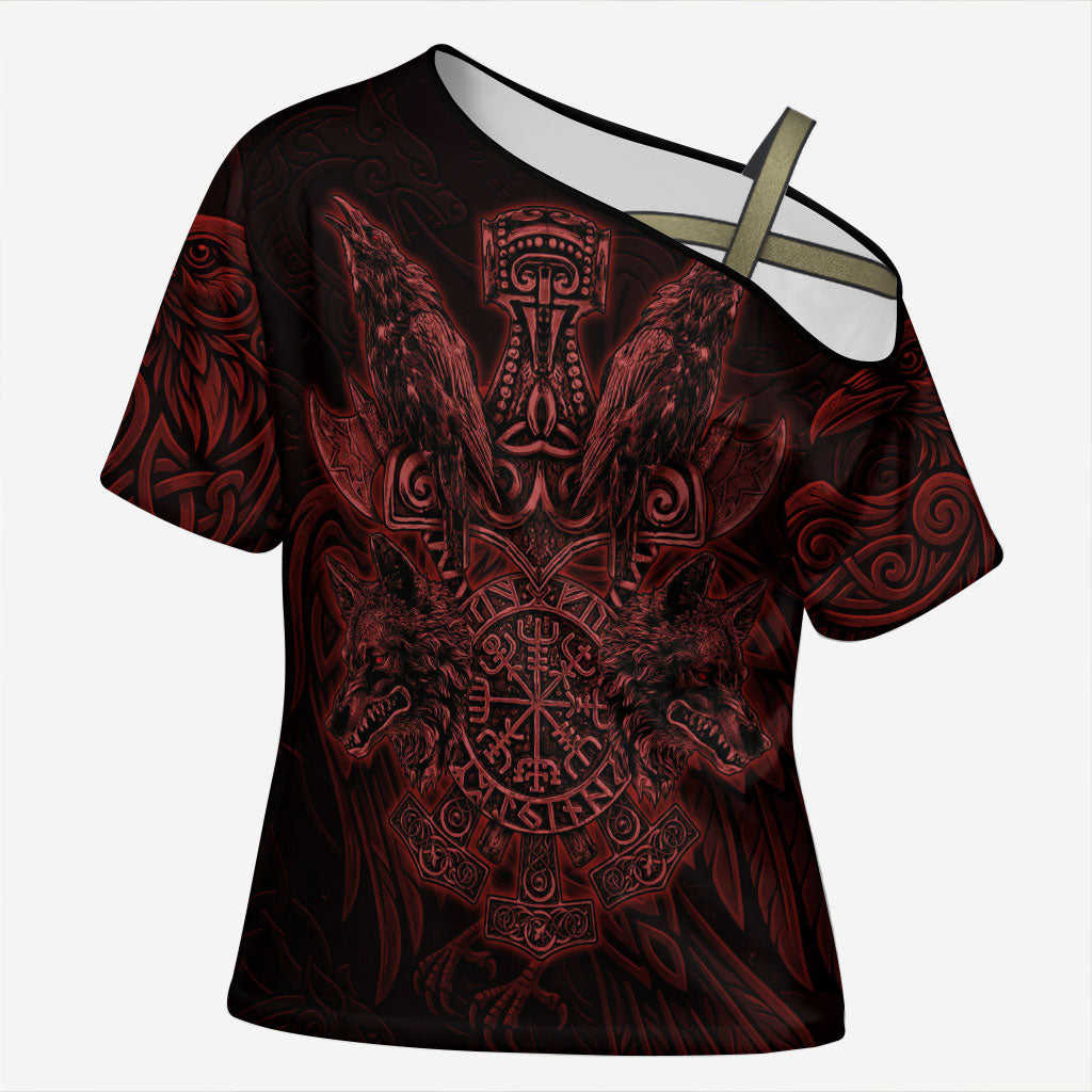 Huginn and Muninn with Fenrir and Vegvisir Cross Shoulder Shirt Viking Runic Celtic Knot Dark Gothic Art