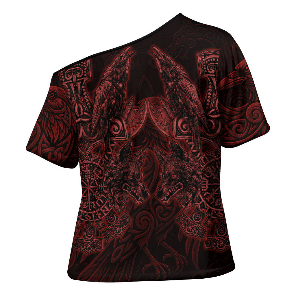 Huginn and Muninn with Fenrir and Vegvisir Cross Shoulder Shirt Viking Runic Celtic Knot Dark Gothic Art