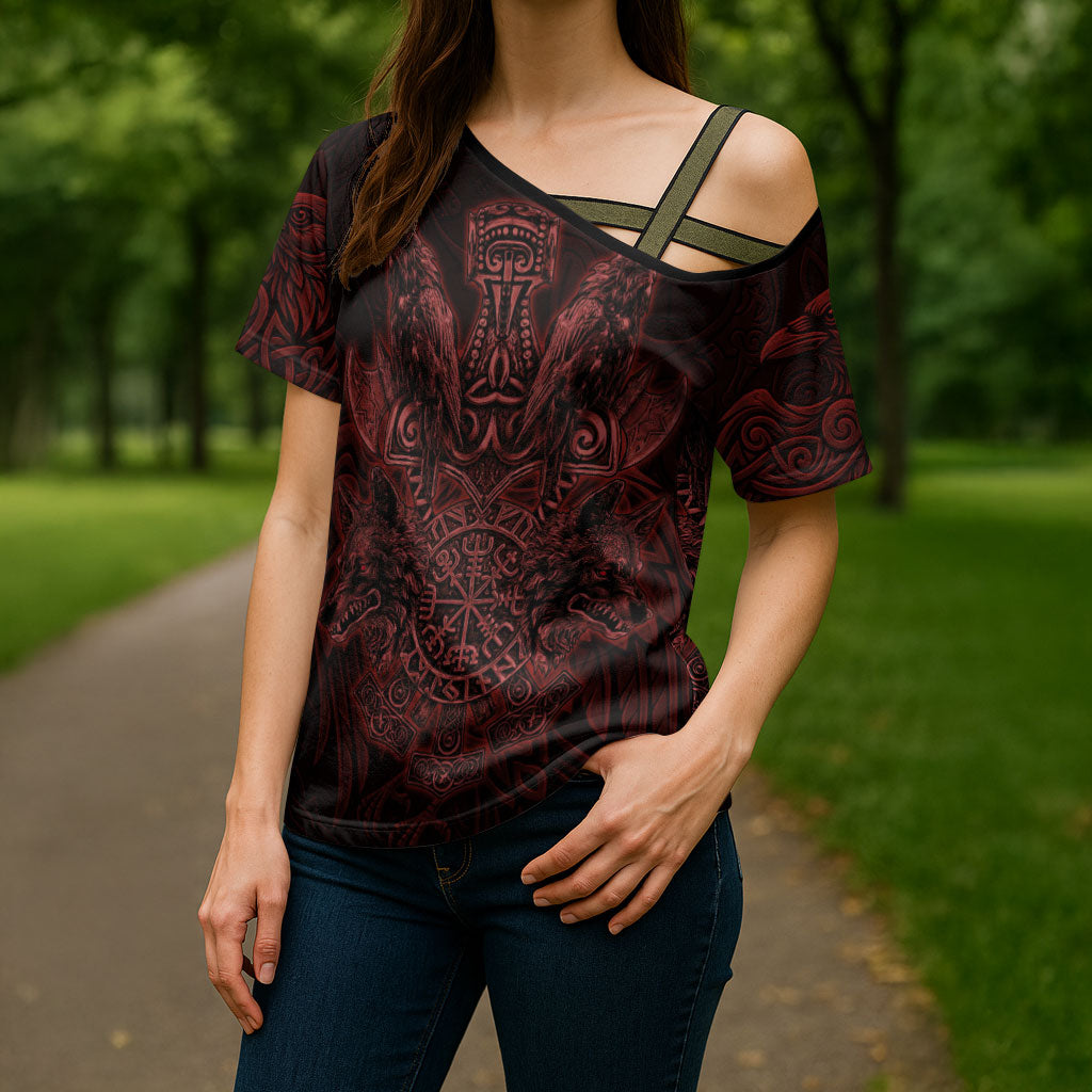Huginn and Muninn with Fenrir and Vegvisir Cross Shoulder Shirt Viking Runic Celtic Knot Dark Gothic Art
