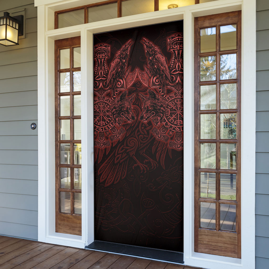 Huginn and Muninn with Fenrir and Vegvisir Door Cover Viking Runic Celtic Knot Dark Gothic Art