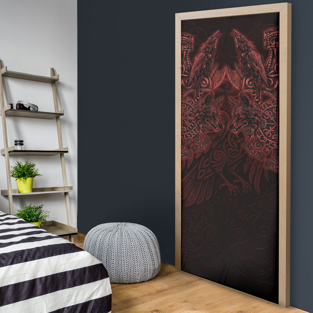 Huginn and Muninn with Fenrir and Vegvisir Door Cover Viking Runic Celtic Knot Dark Gothic Art
