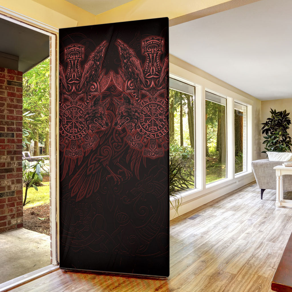 Huginn and Muninn with Fenrir and Vegvisir Door Cover Viking Runic Celtic Knot Dark Gothic Art