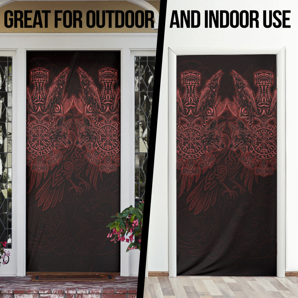 Huginn and Muninn with Fenrir and Vegvisir Door Cover Viking Runic Celtic Knot Dark Gothic Art