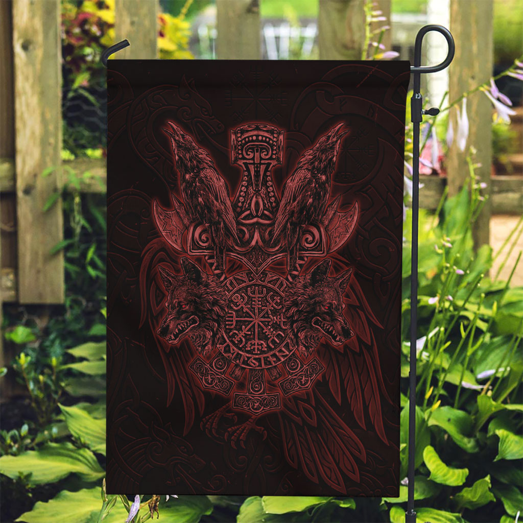 Huginn and Muninn with Fenrir and Vegvisir Garden Flag Viking Runic Celtic Knot Dark Gothic Art