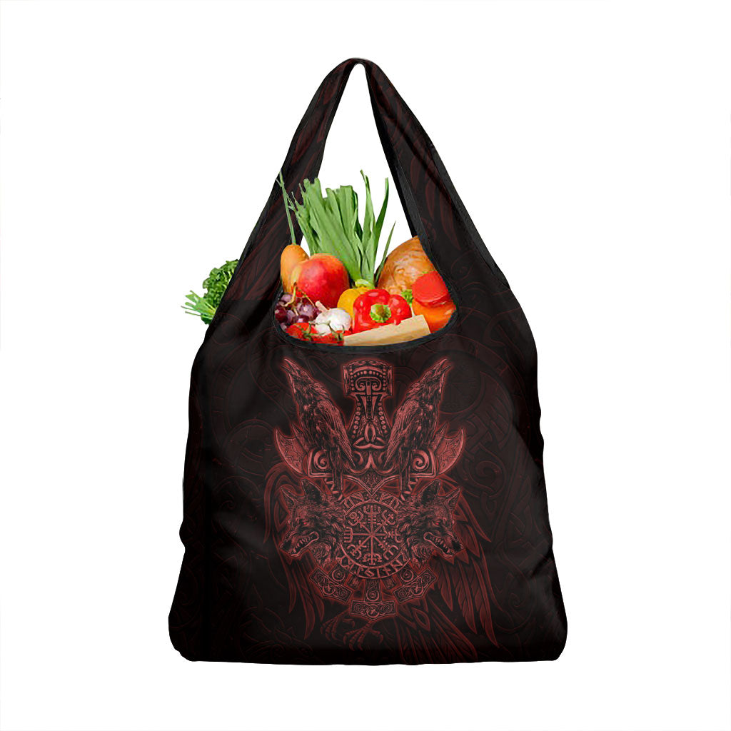 Huginn and Muninn with Fenrir and Vegvisir Grocery Bag Viking Runic Celtic Knot Dark Gothic Art