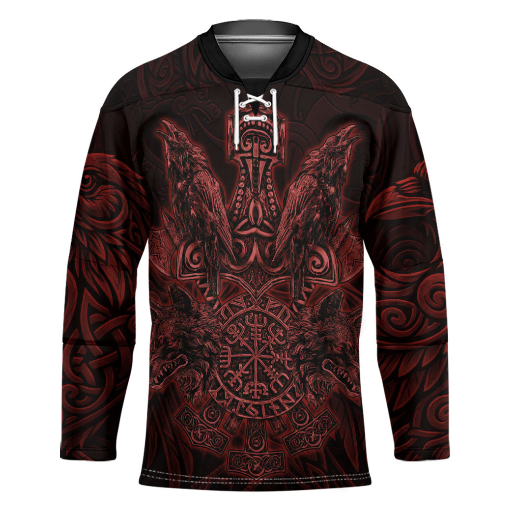 Huginn and Muninn with Fenrir and Vegvisir Hockey Jersey Viking Runic Celtic Knot Dark Gothic Art