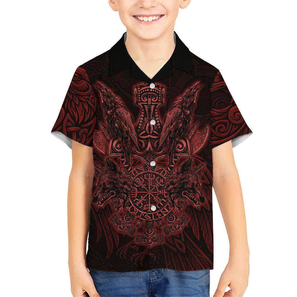 Huginn and Muninn with Fenrir and Vegvisir Kid Hawaiian Shirt Viking Runic Celtic Knot Dark Gothic Art