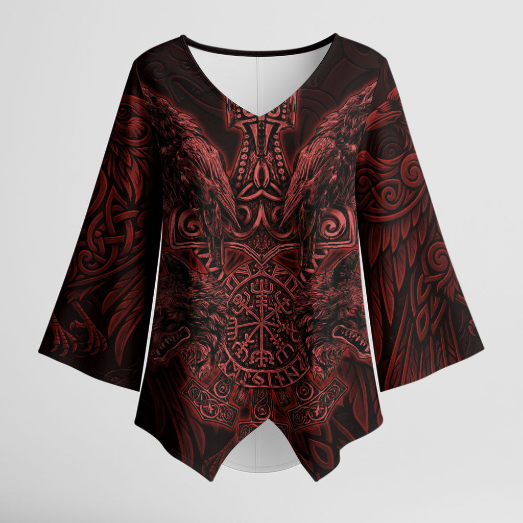 Huginn and Muninn with Fenrir and Vegvisir Kimono Sleeve Blouse Viking Runic Celtic Knot Dark Gothic Art