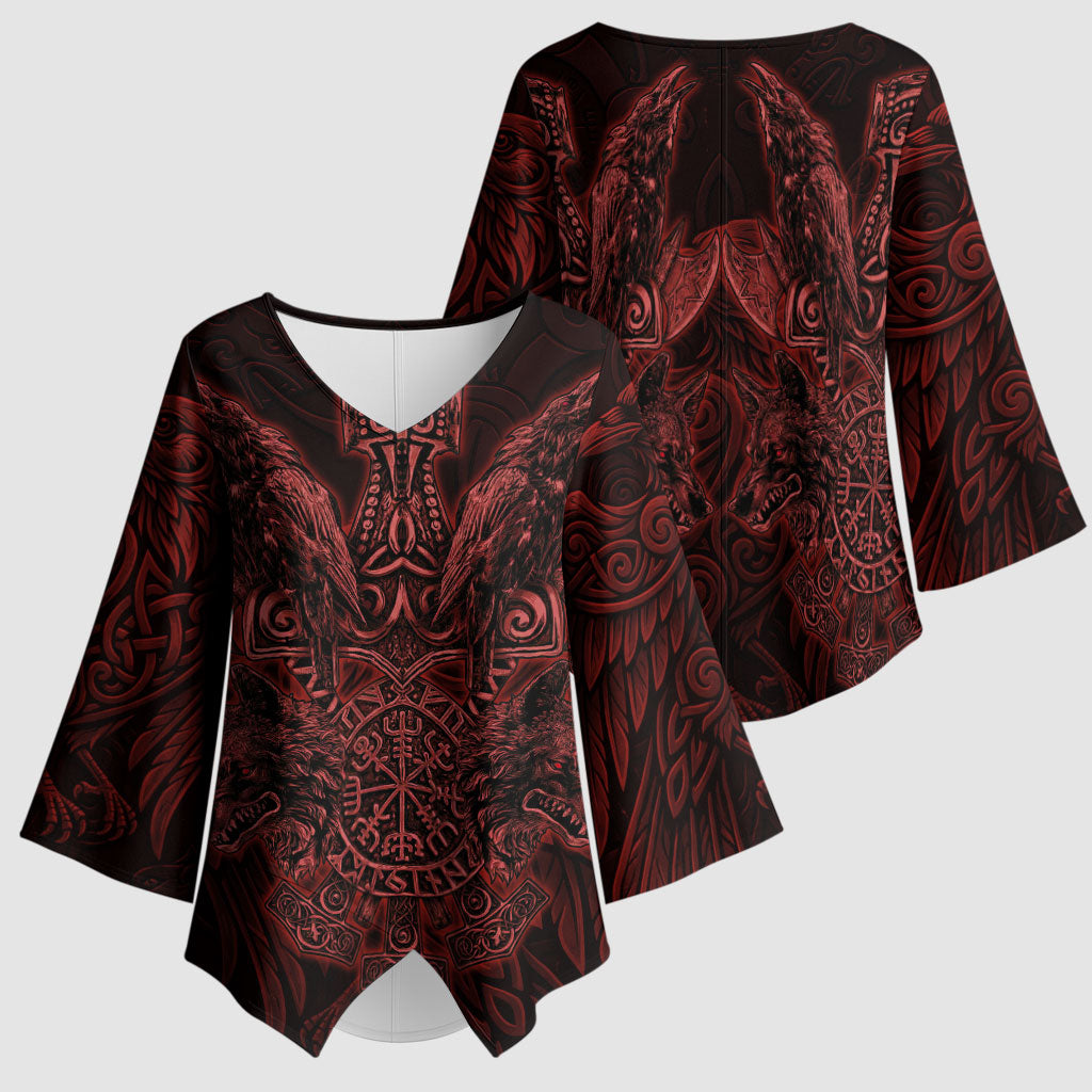 Huginn and Muninn with Fenrir and Vegvisir Kimono Sleeve Blouse Viking Runic Celtic Knot Dark Gothic Art