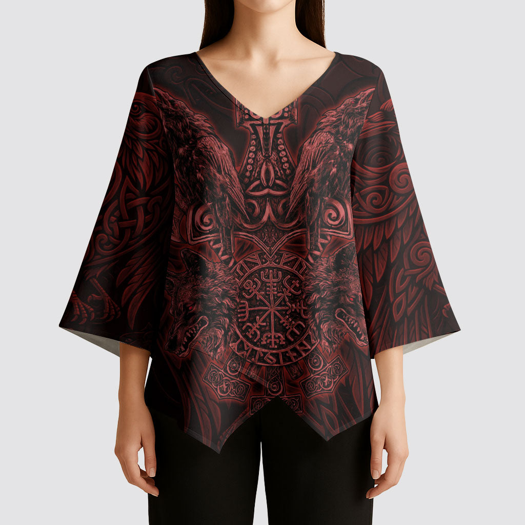 Huginn and Muninn with Fenrir and Vegvisir Kimono Sleeve Blouse Viking Runic Celtic Knot Dark Gothic Art
