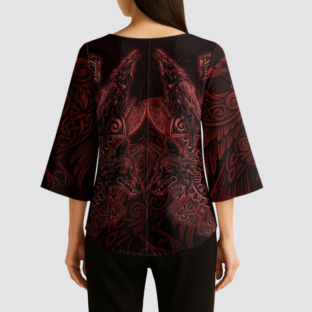 Huginn and Muninn with Fenrir and Vegvisir Kimono Sleeve Blouse Viking Runic Celtic Knot Dark Gothic Art