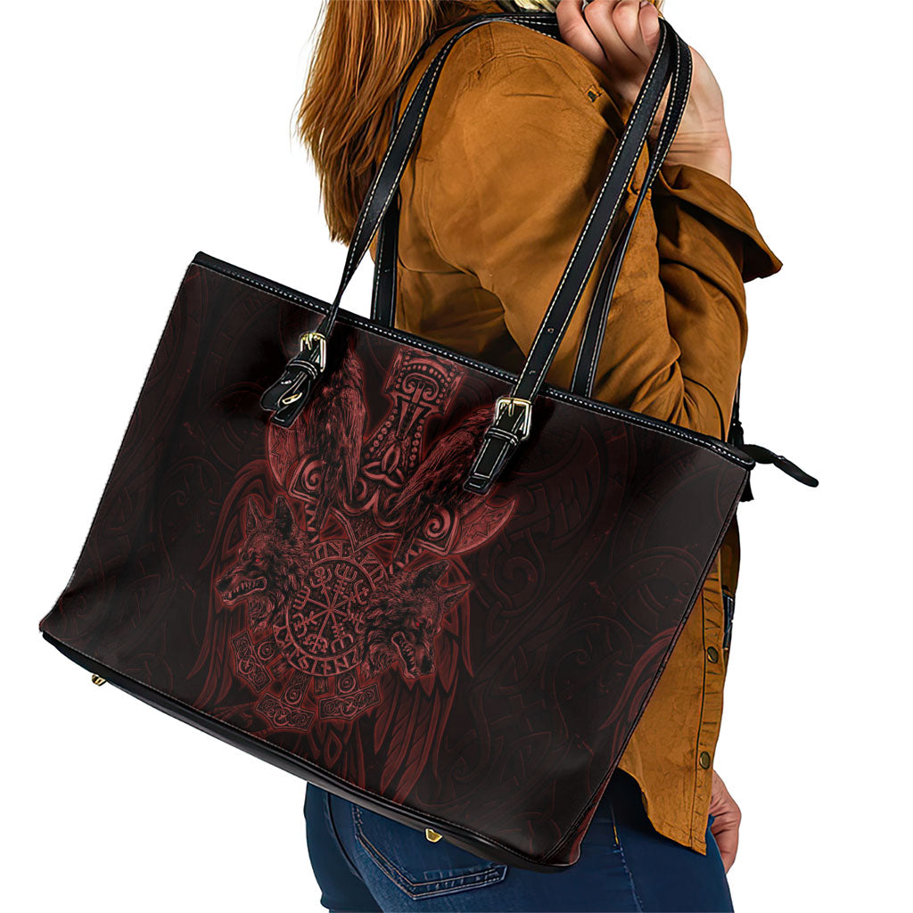 Huginn and Muninn with Fenrir and Vegvisir Leather Tote Bag Viking Runic Celtic Knot Dark Gothic Art