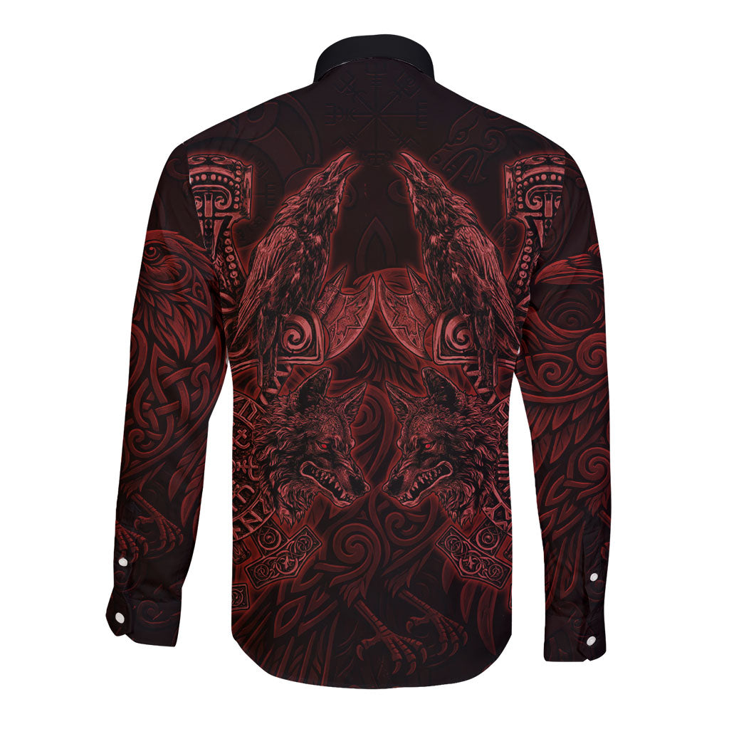 Huginn and Muninn with Fenrir and Vegvisir Long Sleeve Button Shirt Viking Runic Celtic Knot Dark Gothic Art