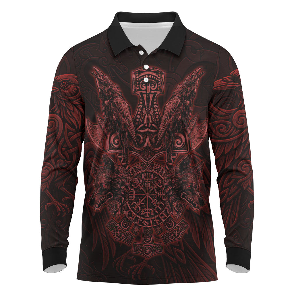 Huginn and Muninn with Fenrir and Vegvisir Long Sleeve Polo Shirt Viking Runic Celtic Knot Dark Gothic Art