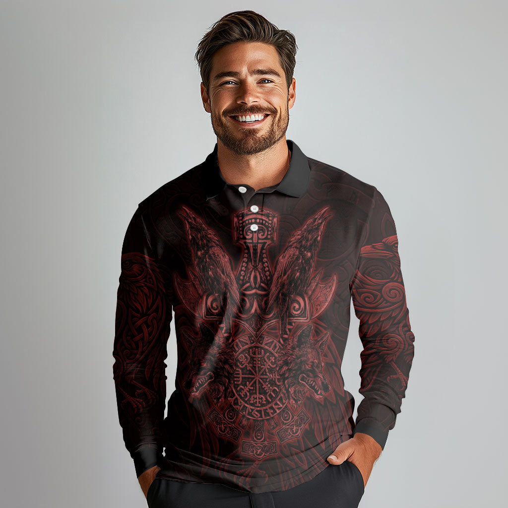 Huginn and Muninn with Fenrir and Vegvisir Long Sleeve Polo Shirt Viking Runic Celtic Knot Dark Gothic Art