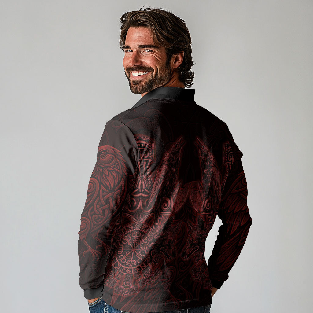 Huginn and Muninn with Fenrir and Vegvisir Long Sleeve Polo Shirt Viking Runic Celtic Knot Dark Gothic Art
