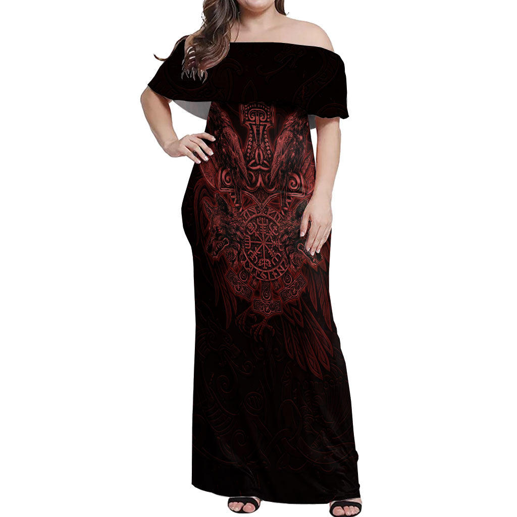 Huginn and Muninn with Fenrir and Vegvisir Off Shoulder Maxi Dress Viking Runic Celtic Knot Dark Gothic Art
