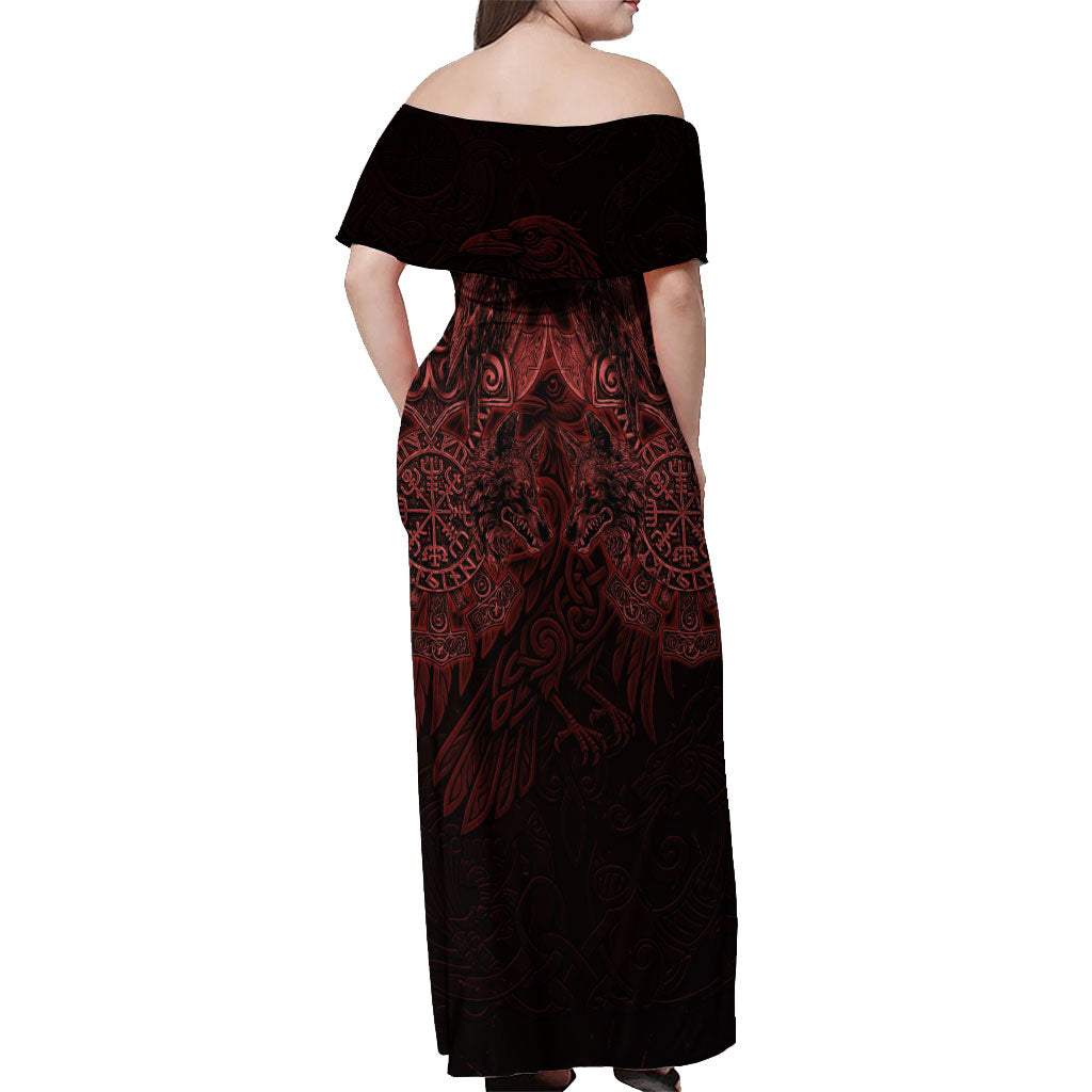 Huginn and Muninn with Fenrir and Vegvisir Off Shoulder Maxi Dress Viking Runic Celtic Knot Dark Gothic Art