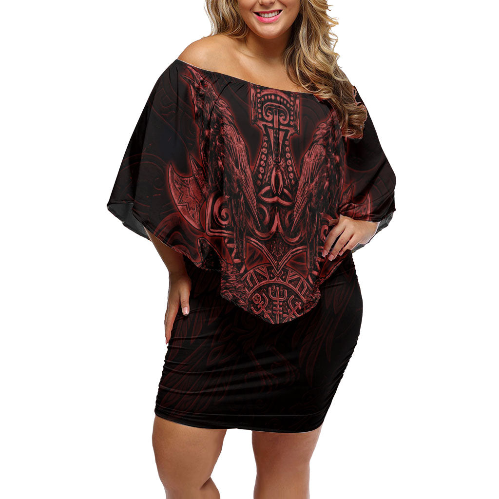 Huginn and Muninn with Fenrir and Vegvisir Off Shoulder Short Dress Viking Runic Celtic Knot Dark Gothic Art